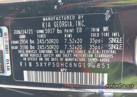 2022 Kia Telluride Sx z USA, uszkodzony, nr VIN 5XYP5DHC6NG198851